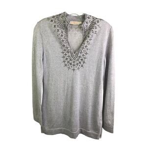 Tory Burch Women's Sz XS Sweater Grey Beaded Mandarin Collar Merino Wool V-Neck